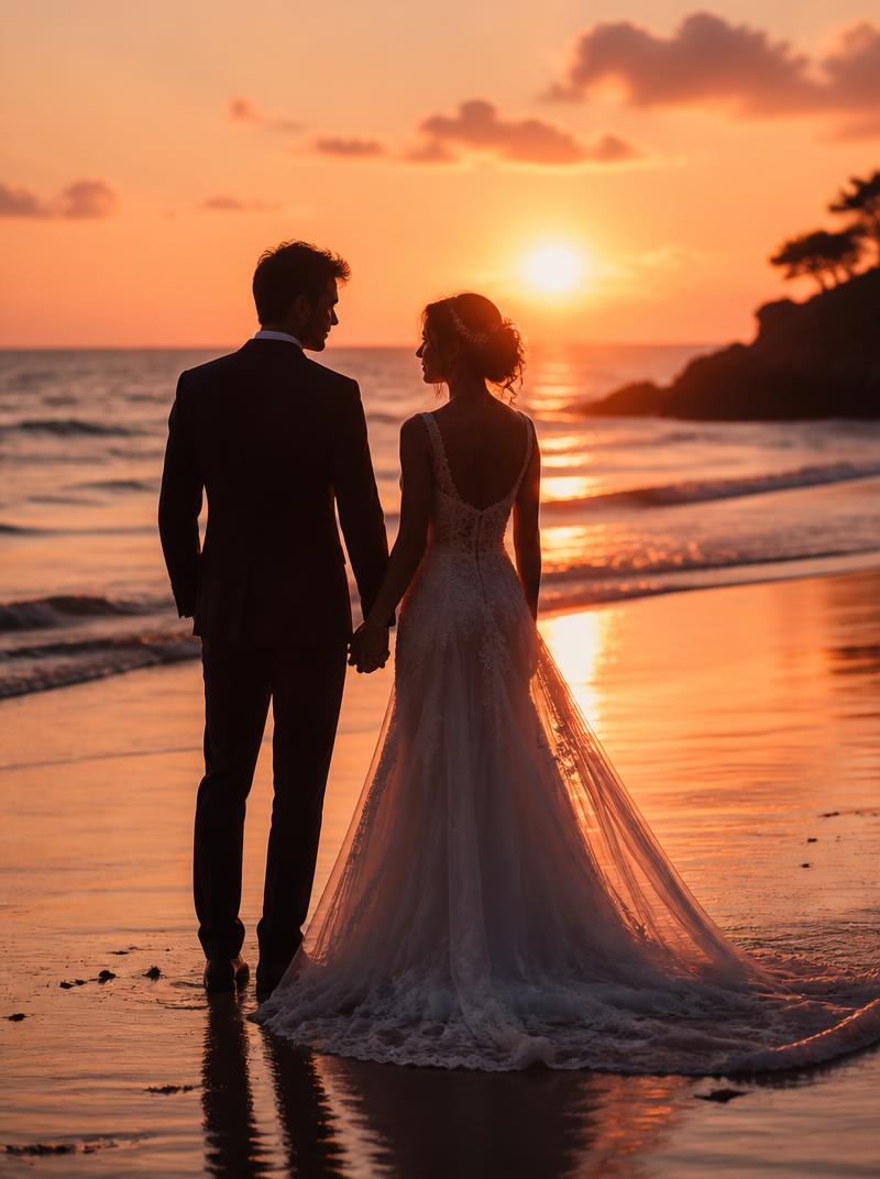 Silhueta de noivos de mãos dadas ao pôr do sol na praia