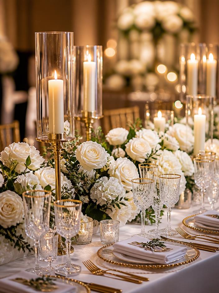 Mesa de jantar de casamento com velas e flores