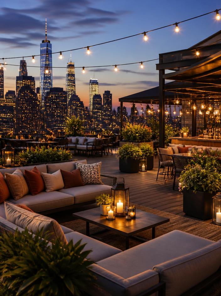 Lounge em rooftop ao entardecer com luzes